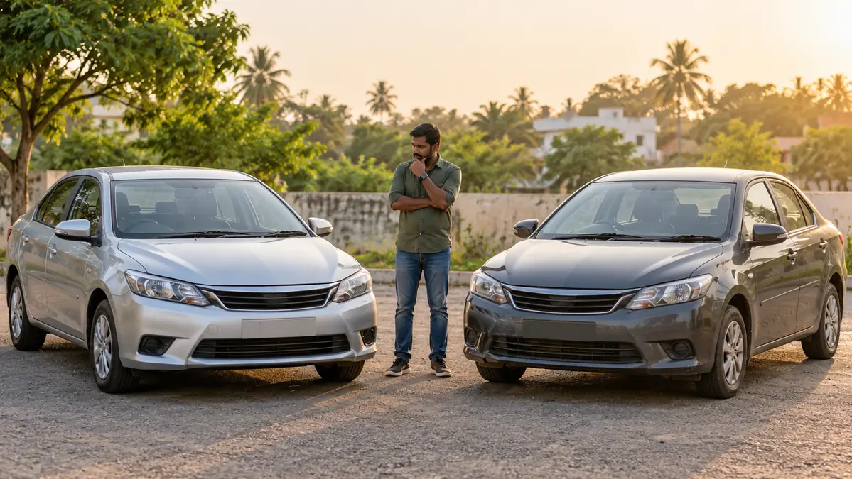 A buyer comparing silver and grey used cars of the same model outdoors